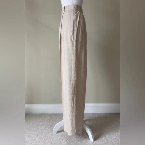 Vince Women’s High Waist Pull-On Stretch Linen Blend Beige Pleated Wide Leg Pant - Picture 4 of 7